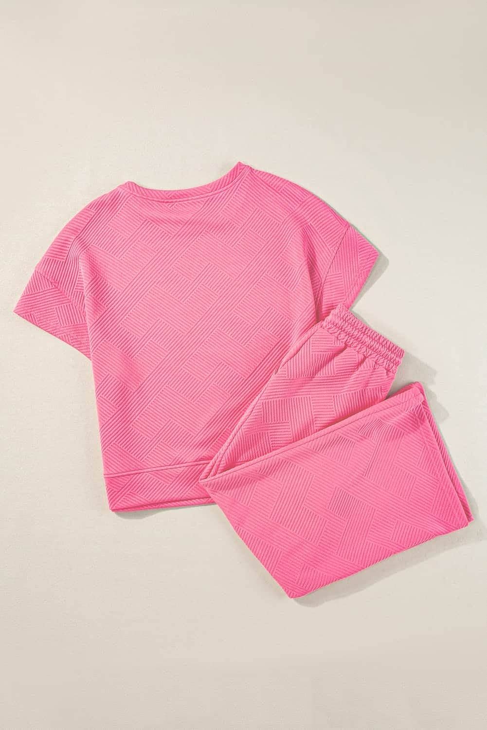 Strawberry Pink Textured Loose Fit T Shirt And Drawstring Pants Set