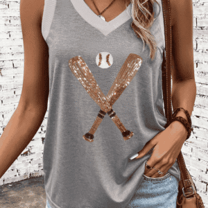 Gray Sequined Baseball Bat Graphic Ribbed Trim Casual Tank Top