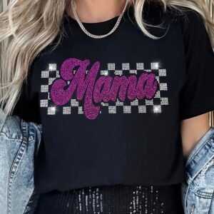 Black Rhinestone Mama Letter Graphic T Shirt
