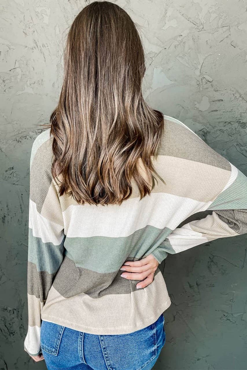 Green Color Block Ribbed Long Sleeve Top With Pocket