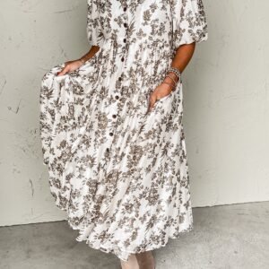Khaki Floral Puff Sleeve V Neck Buttoned Front Maxi Dress