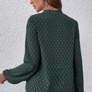 Green Geometric Print Notched Neck Puff Sleeve Blouse