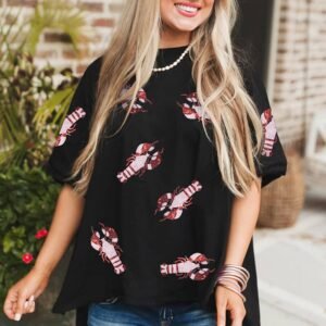 Black Sequin Crayfish Graphic Drop Sleeve High Low Tee