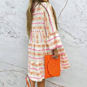 Orange Bohemian Printed Bracelet Sleeve Slit Neck Ruffled Loose Dress