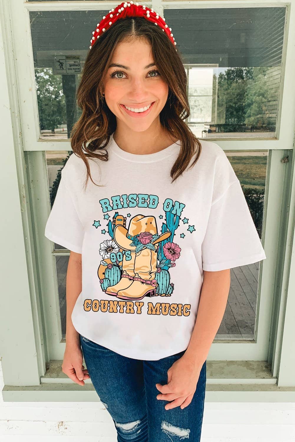 White Raised On Country Music Western Graphic Tee