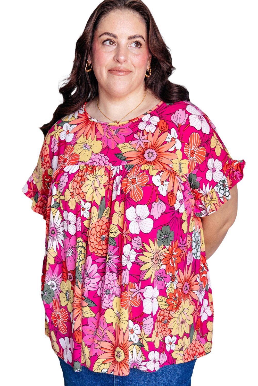 Rose Plus Size Floral Print Ruffle Short Sleeve Blouse