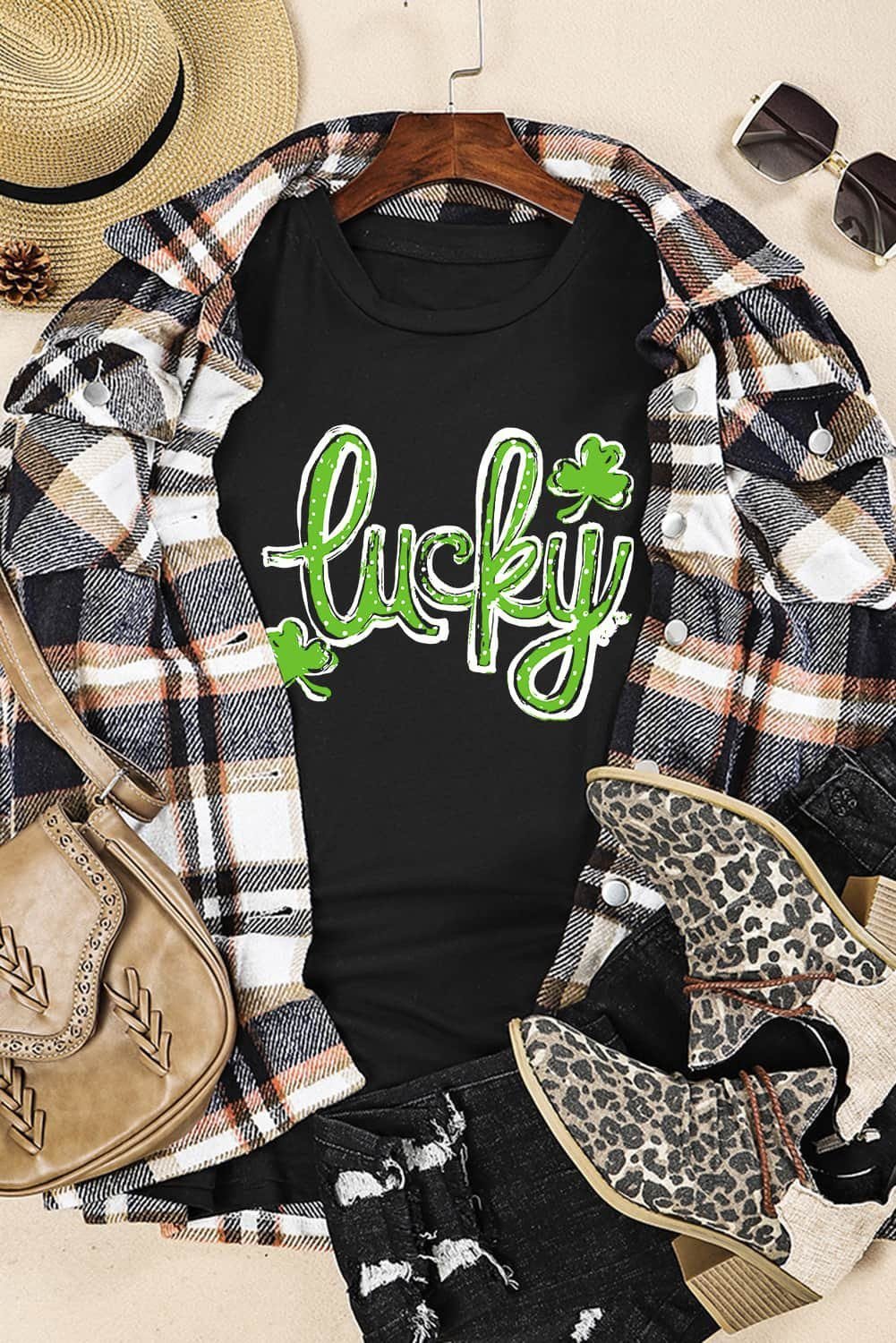 Black St. Patricks Lucky Clover Print O Neck T Shirt