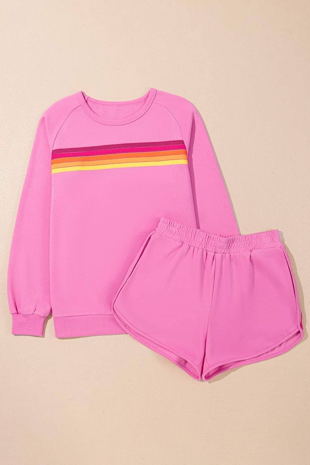 Bonbon Striped Accent Pullover And Shorts Two Piece Casual Set