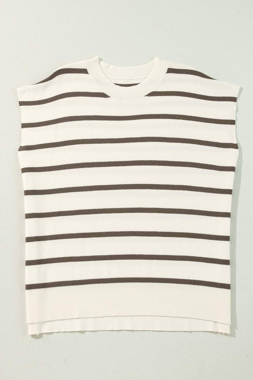 Brown Stripe Side Slits Crewneck Short Sleeve Sweater Tee