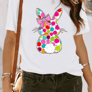 White Polka Dot Bow Rabbit Graphic Crewneck Easter Fashion Tee
