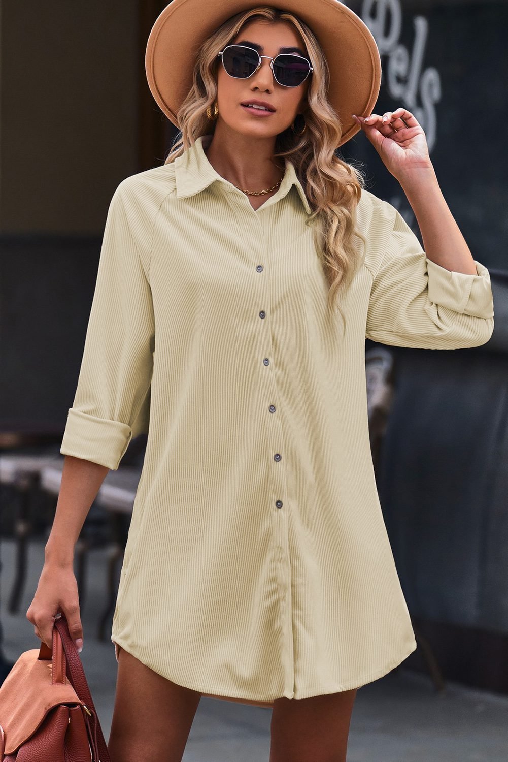 Beige Corduroy Shirt Style Full Button Long Sleeve Shift Mini Dress