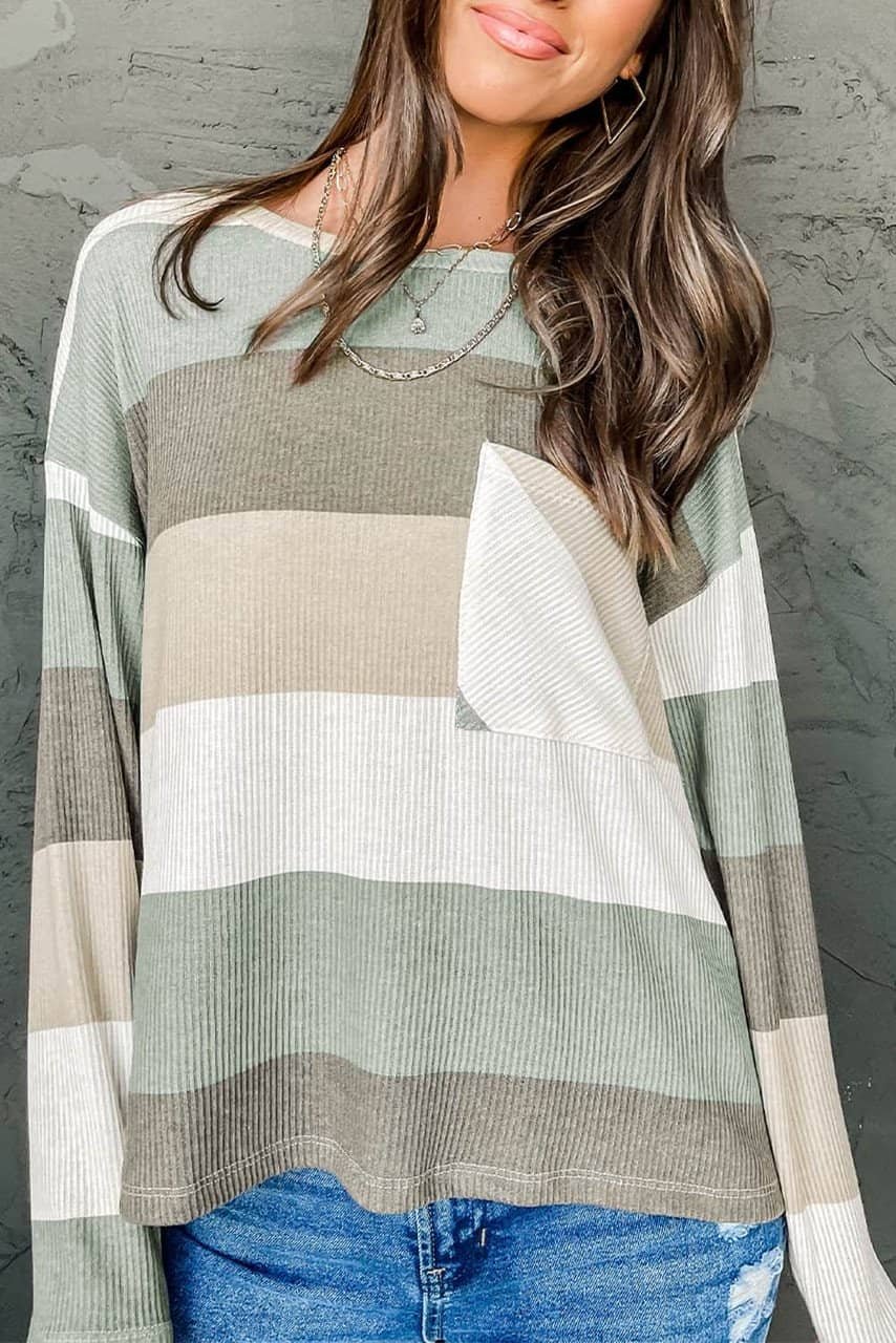 Green Color Block Ribbed Long Sleeve Top With Pocket