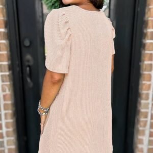 Parchment Corded Knit Crew Neck Puff Sleeve Shift Mini Dress