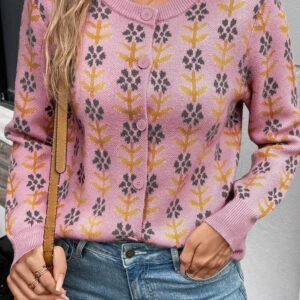 Pink Floral Button Down Ribbed Banded Cardigan Sweater