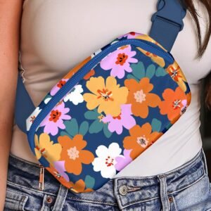 Sail Blue Flower Print Zipper Buckle Wide Strap Sling Bag