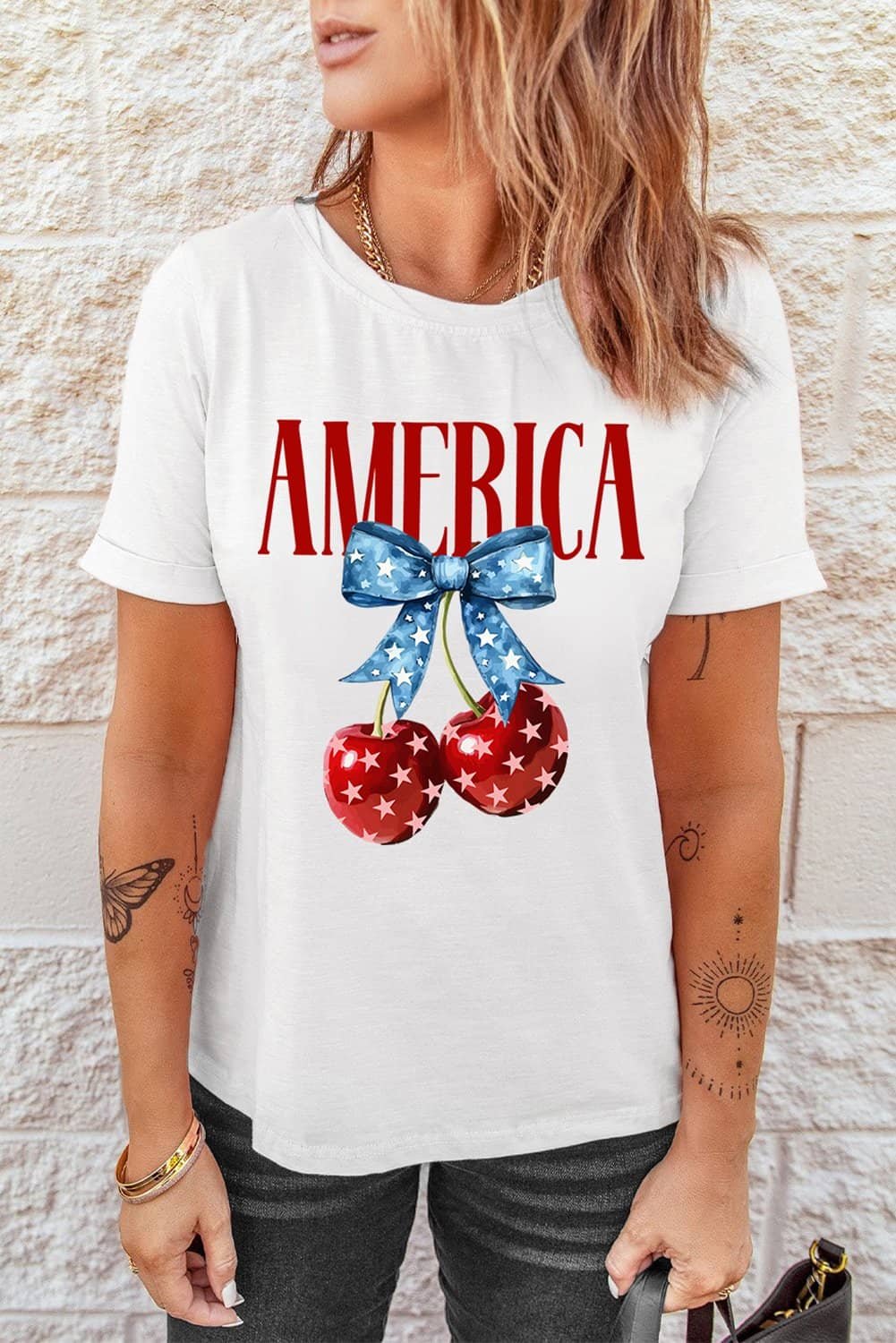 White America Bow Cherry Print Crewneck T Shirt
