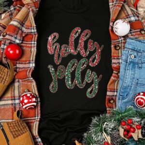 Black Christmas Sequined Holly Jolly Graphic Tee