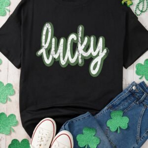 Black St Patricks Day Lucky Cracked Letter Graphic T Shirt