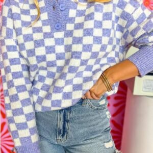 Purple Checkered Collared Buttons Plus Size Sweater