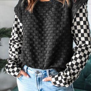 Black Plaid Textured Contrast Checkered Patchwork Long Sleeve Top