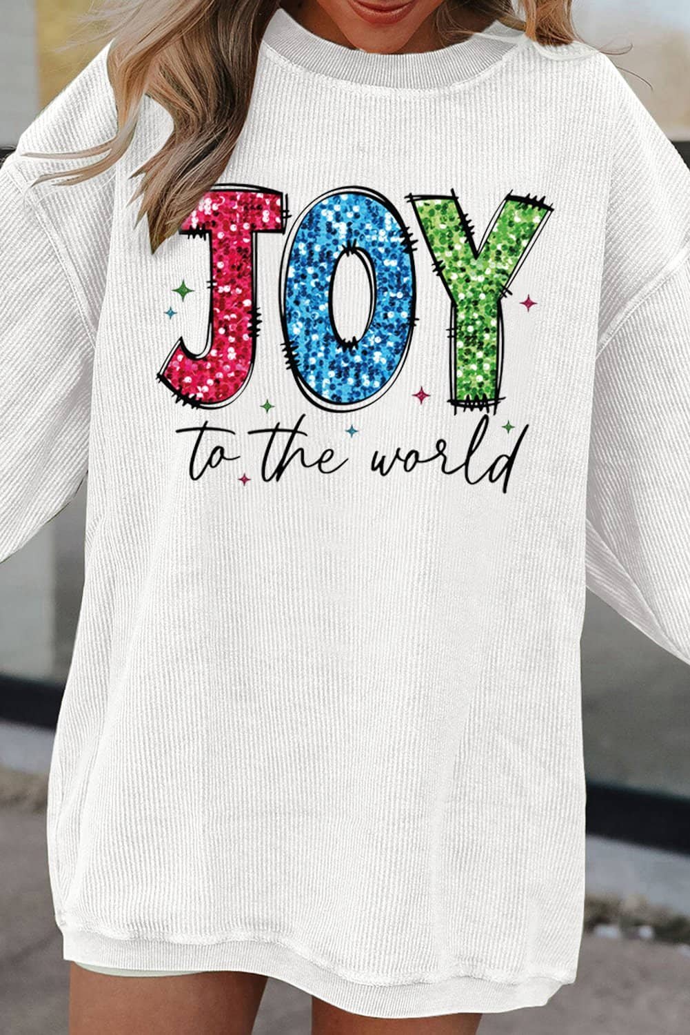 White Joy To The World Ribbed Crewneck Pullover Sweatshirt
