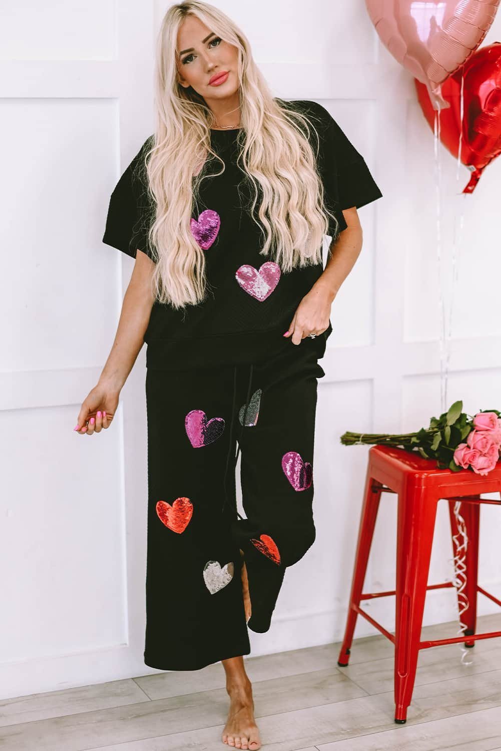 Black Sequin Heart Popping Graphic Textured 2Pcs Outfit
