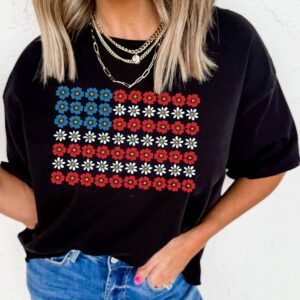 Black Cute Flowers Make Up American Flag Trendy Graphic T Shirt