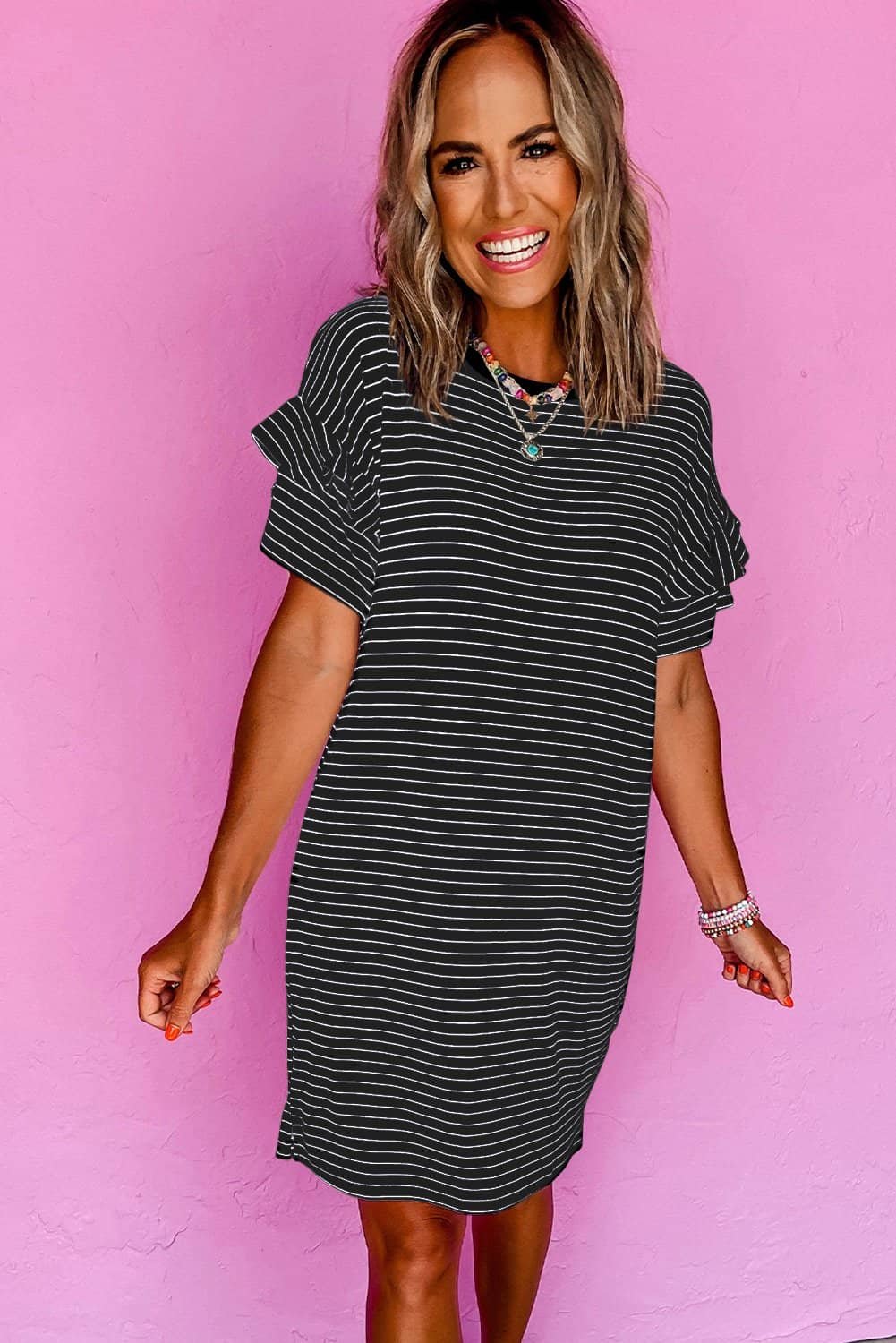 Black Stripe Ruffled Short Sleeve Crew Neck T Shirt Shift Mini Dress