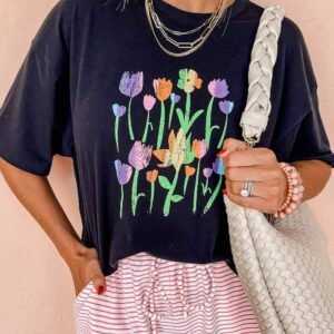 Black Floral Print Crewneck T Shirt