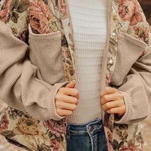 Khaki Floral Waffle Knit Patchwork Chest Pockets Buttoned Jacket