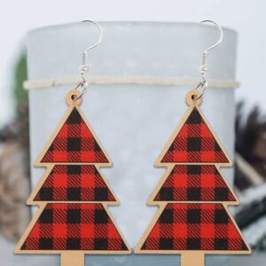 Fiery Red Plaid Christmas Tree Wooden Pendant Earrings