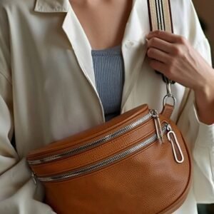 Chestnut Pu Leather Double Zipper Crossbody Bag