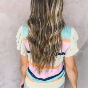 Multicolour Striped Color Block Flutter Sleeve Patchwork Sweater Top