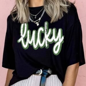 Black St Patricks Day Lucky Cracked Letter Graphic T Shirt
