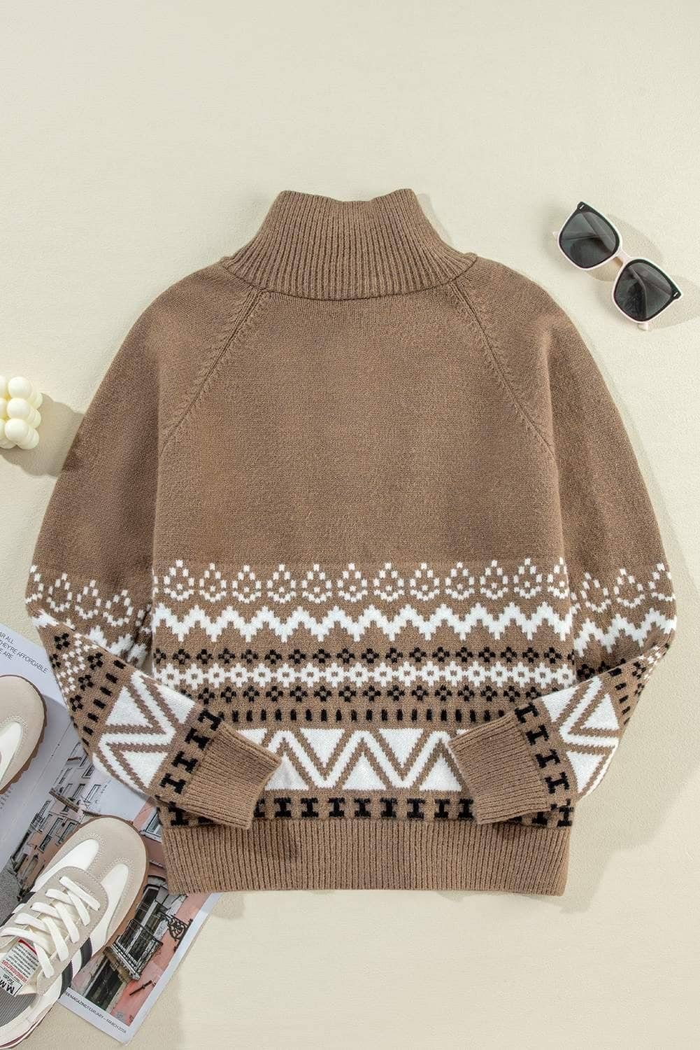 Brown Western Printed Ribbed Trim Collared Zip Up Cardigan