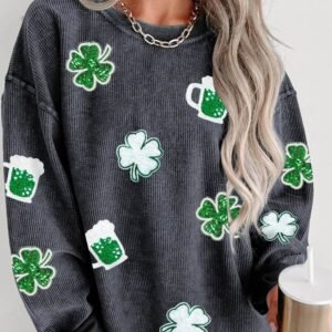 Gray Sequined Clover St Patrick Graphic Corded Sweatshirt