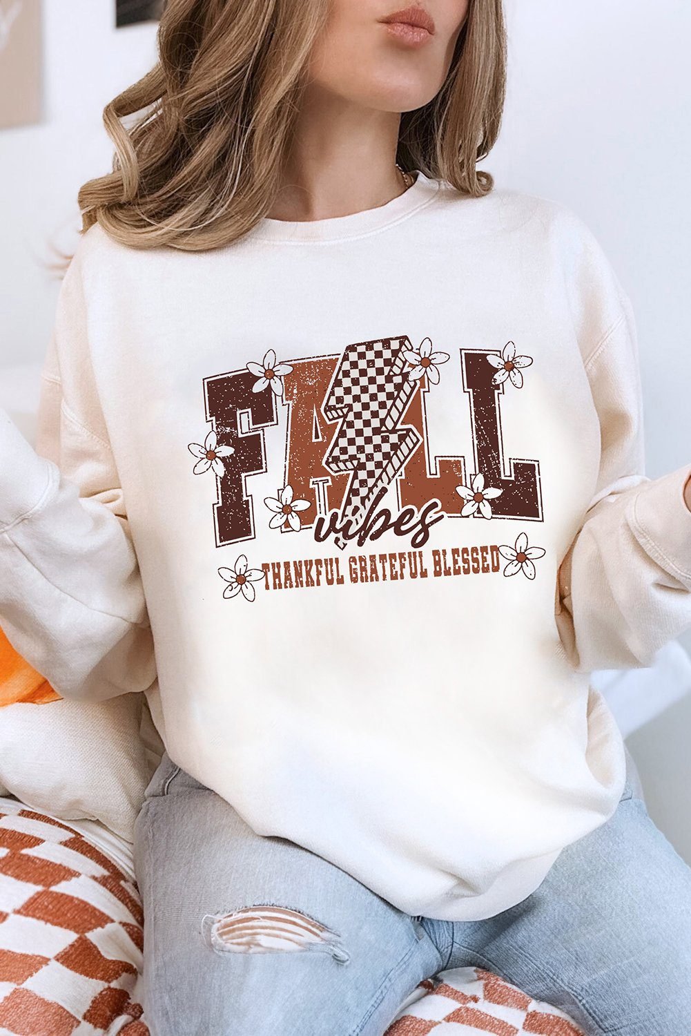 White Fall Thankful Graphic Drop Shoulder Sweatshirt