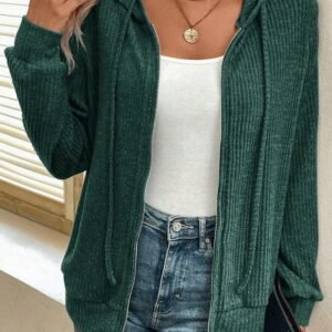 Evergreen Ribbed Zip Up Front Drawstring Hoodie