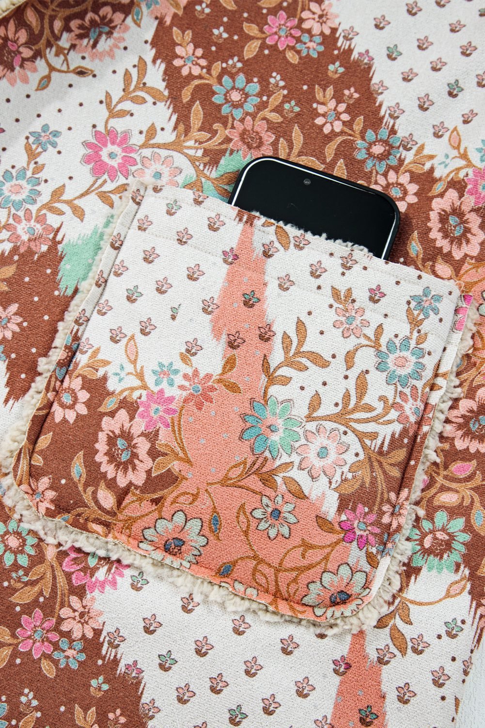 Khaki Vintage Floral Printed Sherpa Lined Hooded Jacket