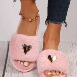 Pink Heart Shape Buckle Decor Open Toe Plush Slippers