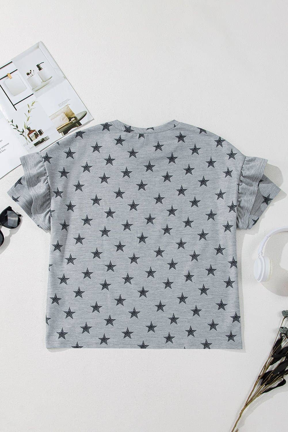 Gray Usa Letter Patched Star Printed Ruffle Trim Sleeves Loose Tee
