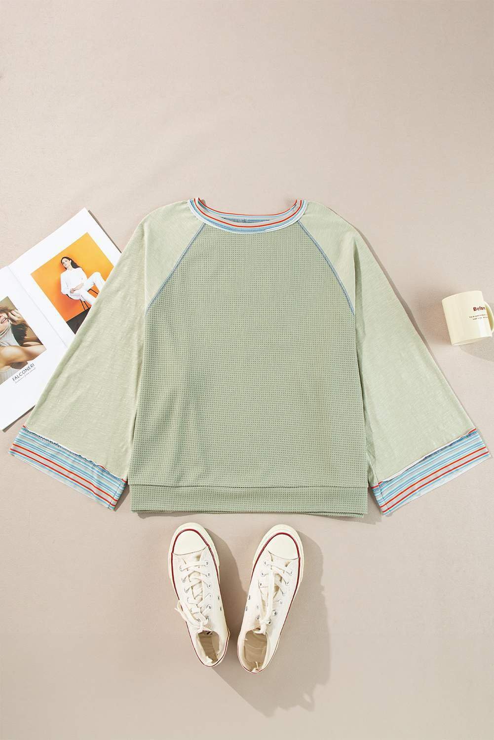Meadow Mist Green Waffle Knit Wide Bracelet Sleeve Patchwork Raglan Top