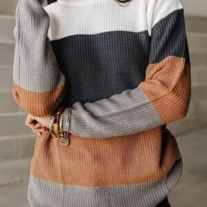 Chestnut Color Block Knitted O-Neck Pullover Sweater
