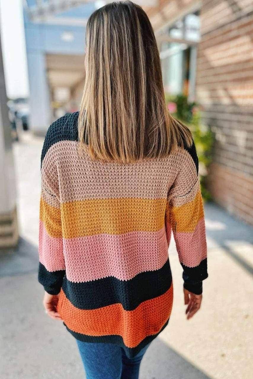 Waffle Knit Color Block Open Front Cardigan