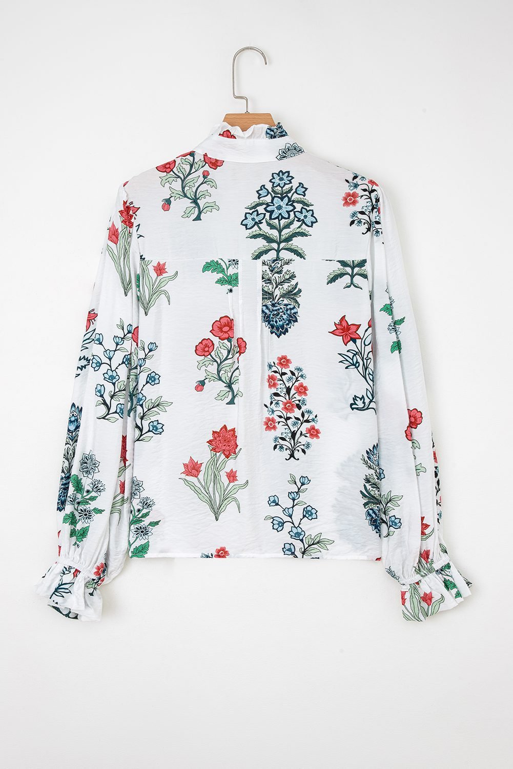 White Floral Print Frilled Collar V Neck Button Down Long Sleeve Shirt