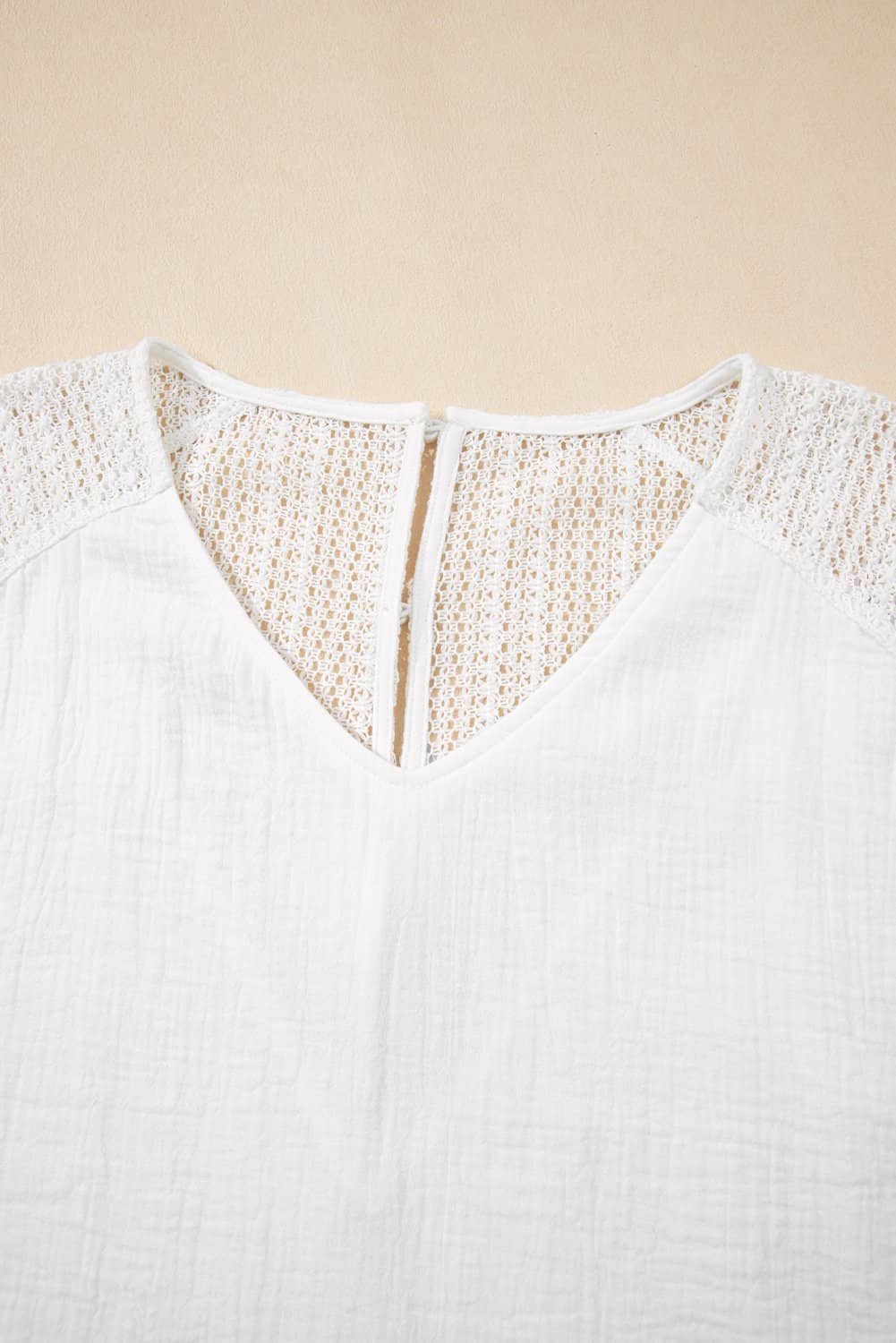 White Lace Crochet Textured Button Back V Neck T Shirt