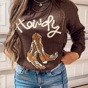 Coffee Western Howdy Boot Graphic High Neck Sweater