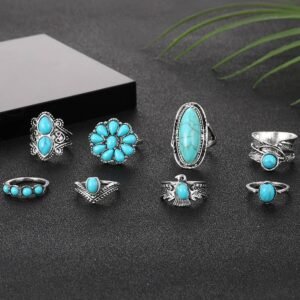 Green Vintage Western Turquoise 8-Piece Ring Set