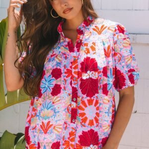 Pink Floral Print Bubble Sleeve Button Up Pleated Shirt