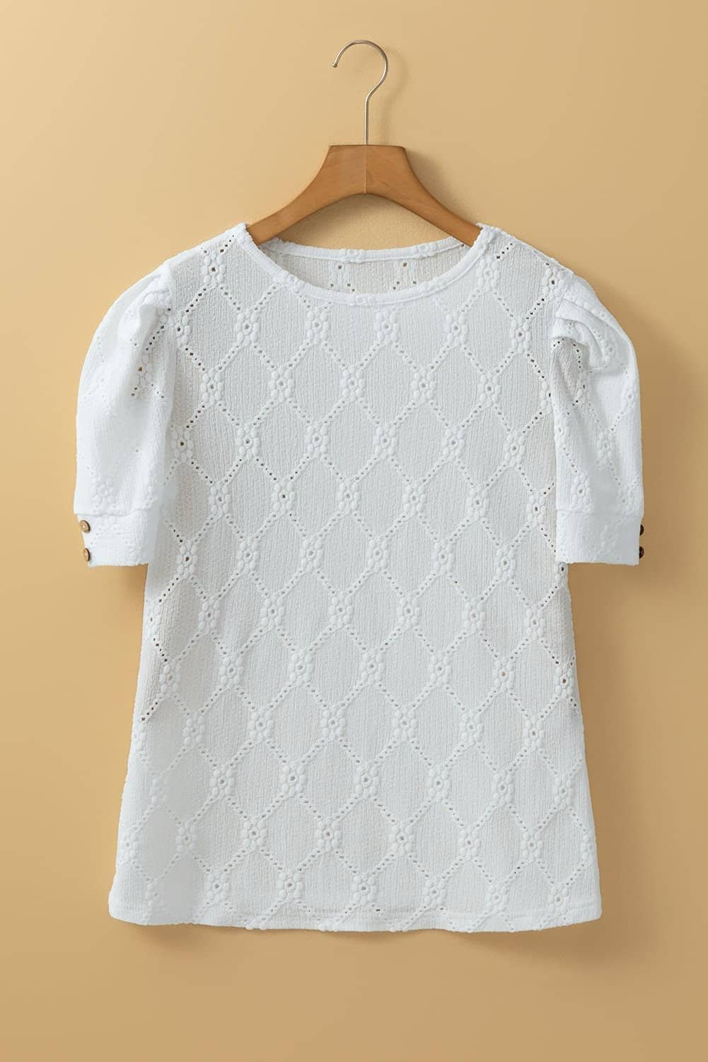 White Flower Geometric Textured Button Short Sleeve Top
